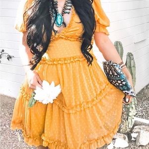 Mustard dress, open back. Low V